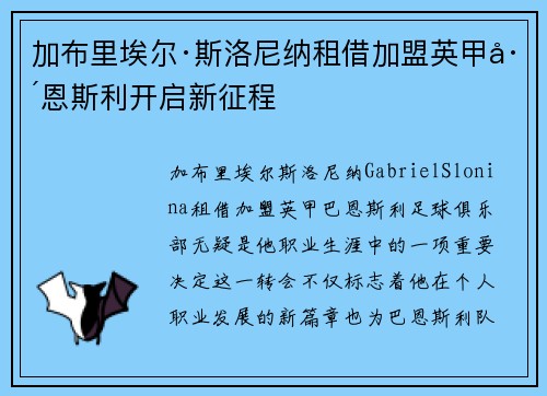 加布里埃尔·斯洛尼纳租借加盟英甲巴恩斯利开启新征程